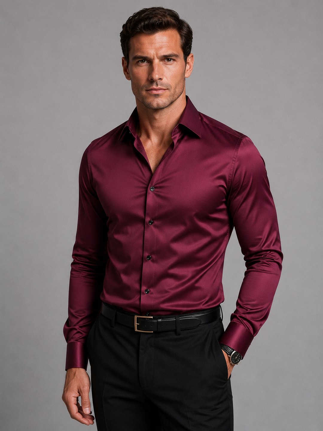 Slim fit herreskjorte i satinlook med stretch, langærmet